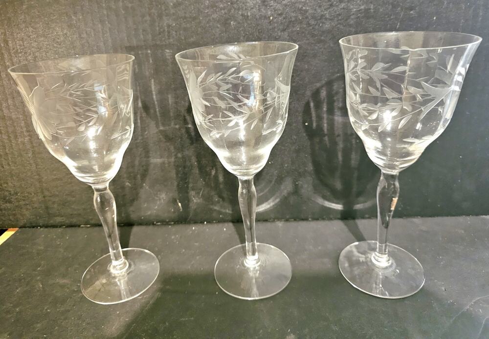 Vintage Floral Etched Wine Glasses- Set Of 3